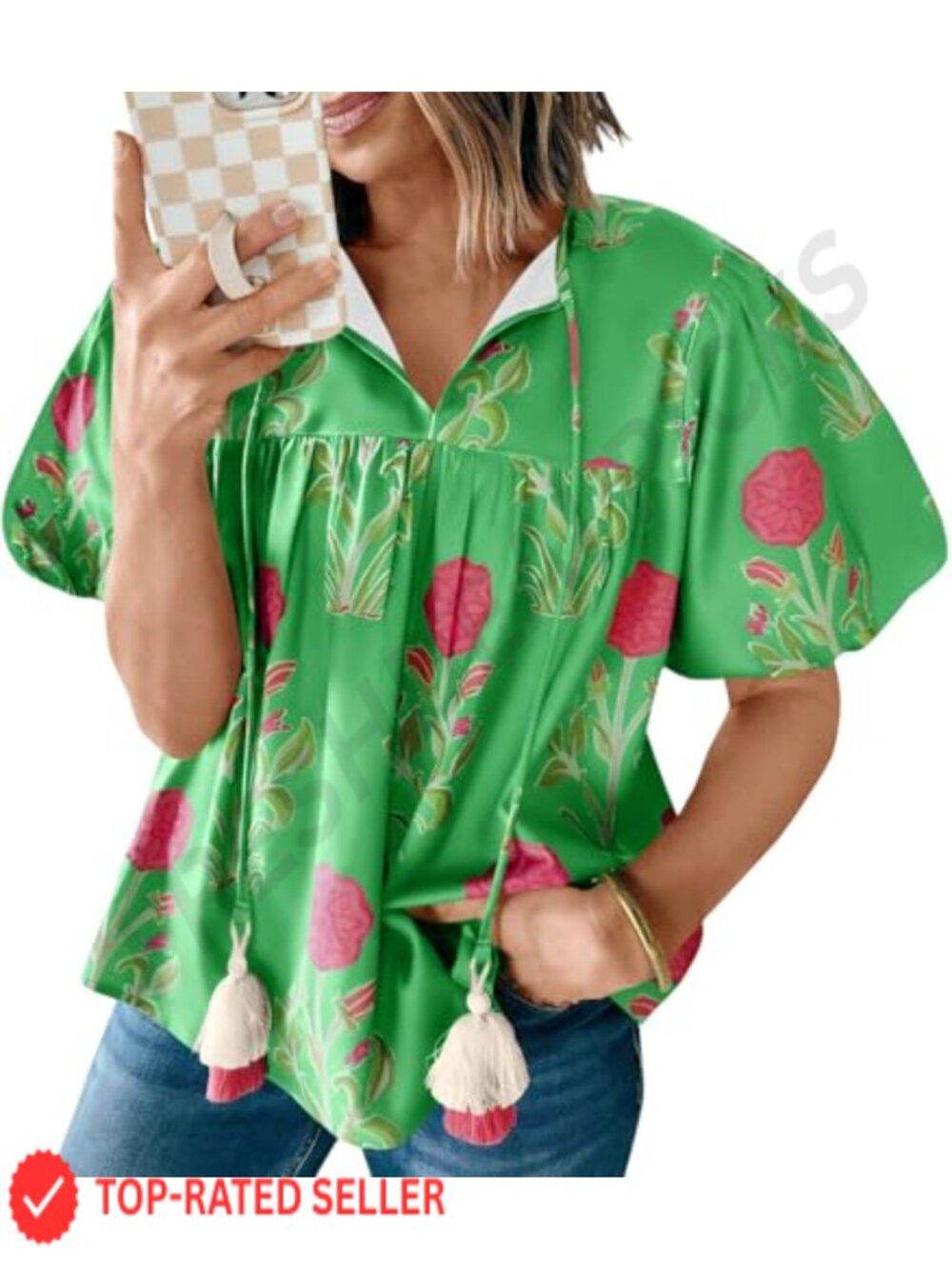 Boho Floral Peasant Blouse Puff Sleeve V Neck Babydoll Top